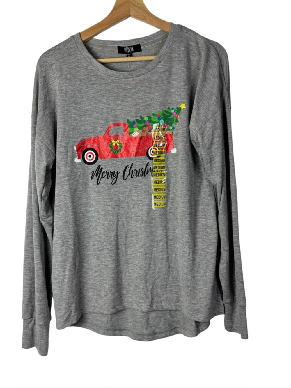 Modern Canvas Gray Red Christmas Tree Truck Long Sleeve T-Shirt M